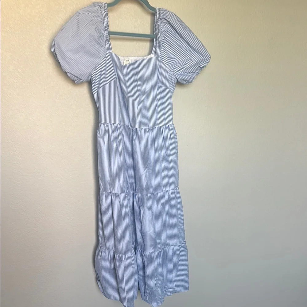 J. Crew Blue and White Striped Puff-Sleeve Maxi Dress
